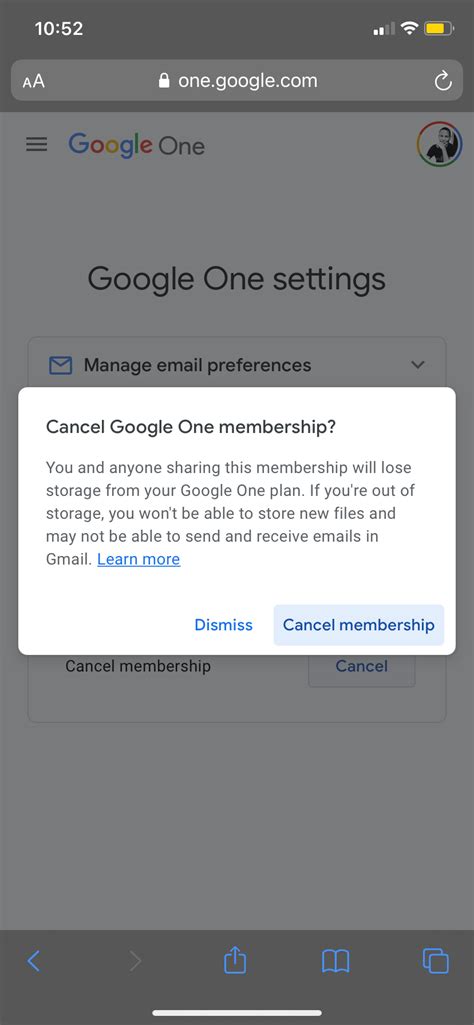 Canceling Google One subscription on computer